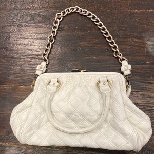 White Leather Quilted Purse With Clasp Closure and Gold Chain